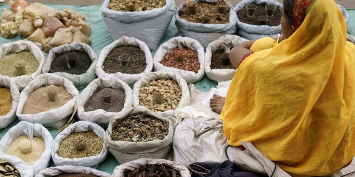 Cultuurreis zuidelijk India, Market-Lady_selling_spices_in_market