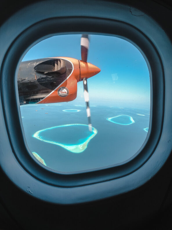 Maldives, Soneva Fushi, Seaplane view