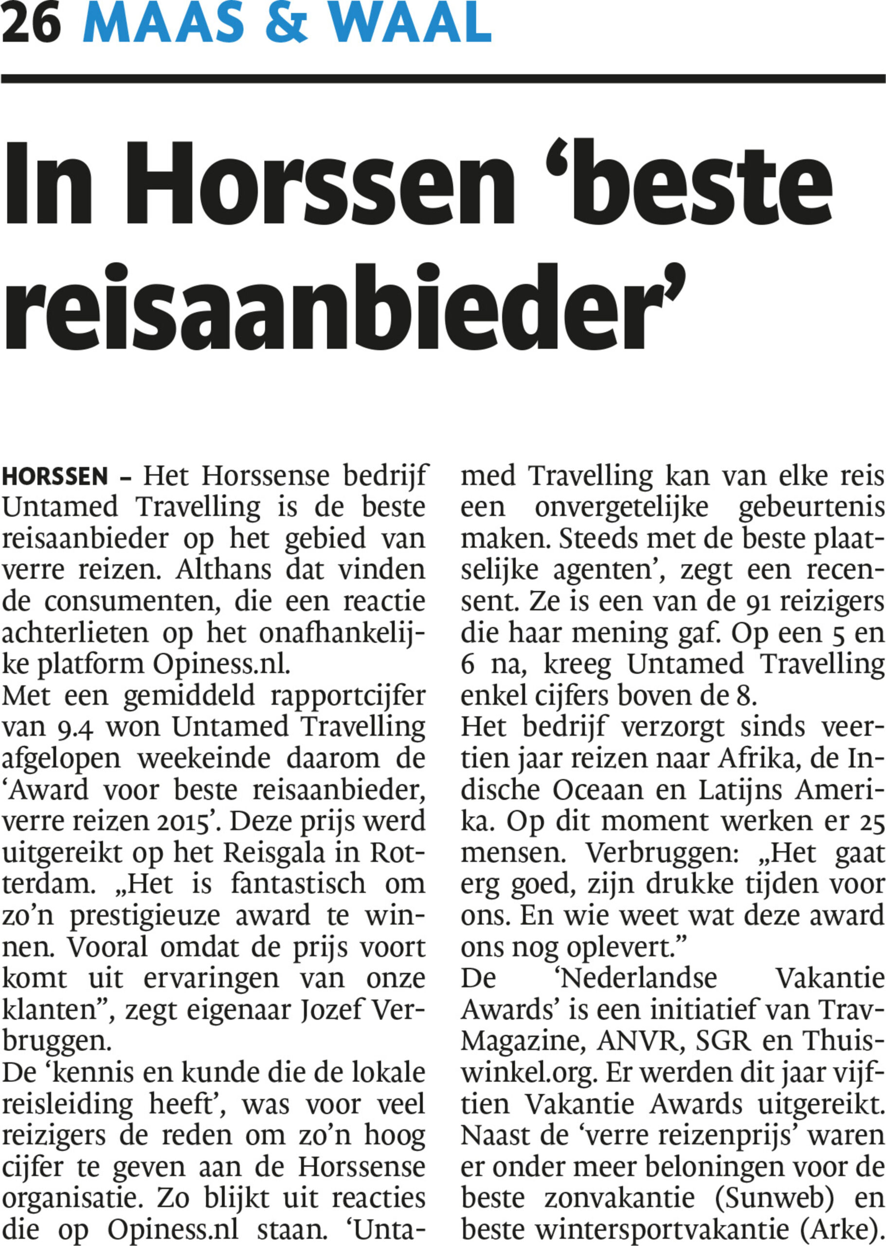 'Best travel provider' in Maas & Waal