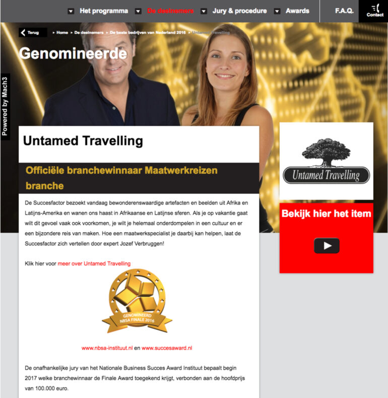 Publication Industry Winner Tailor-made travel on succesaward.nl