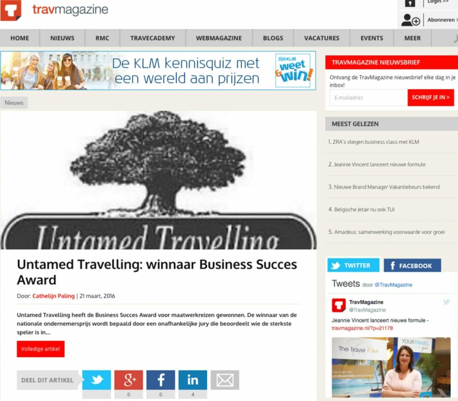 Winner Business Success Award on Travmagazine.nl