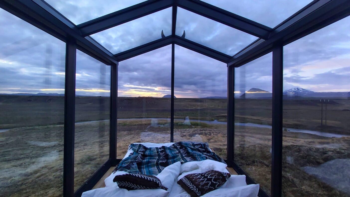 Panorama Glass Lodge, Iceland, bed with a view